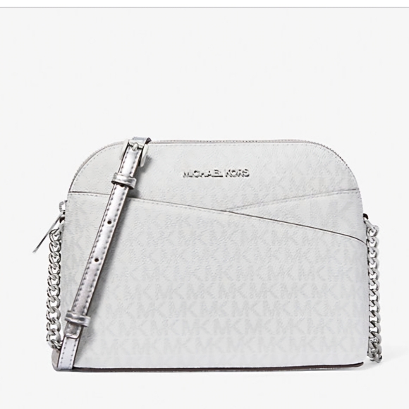 Michael Kors White/Silver Jet Set Travel Medium Signature Logo Dome Cros… - Picture 1 of 3